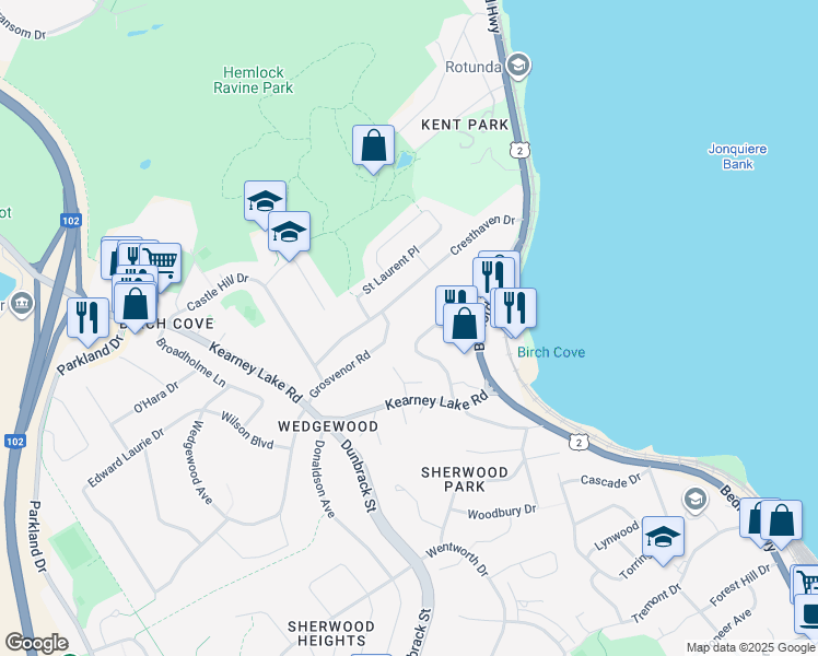 map of restaurants, bars, coffee shops, grocery stores, and more near 20 Dakin Drive in Halifax
