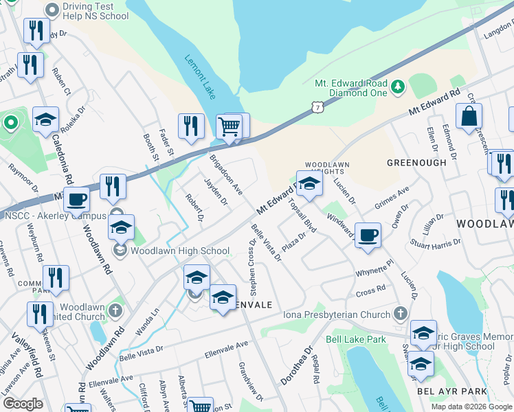 map of restaurants, bars, coffee shops, grocery stores, and more near 34 Brigadoon Avenue in Dartmouth