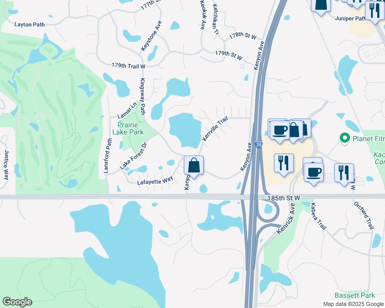 map of restaurants, bars, coffee shops, grocery stores, and more near 18346 Kingsway Path in Lakeville