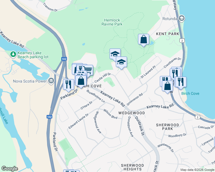 map of restaurants, bars, coffee shops, grocery stores, and more near 93 Kearney Lake Road in Halifax