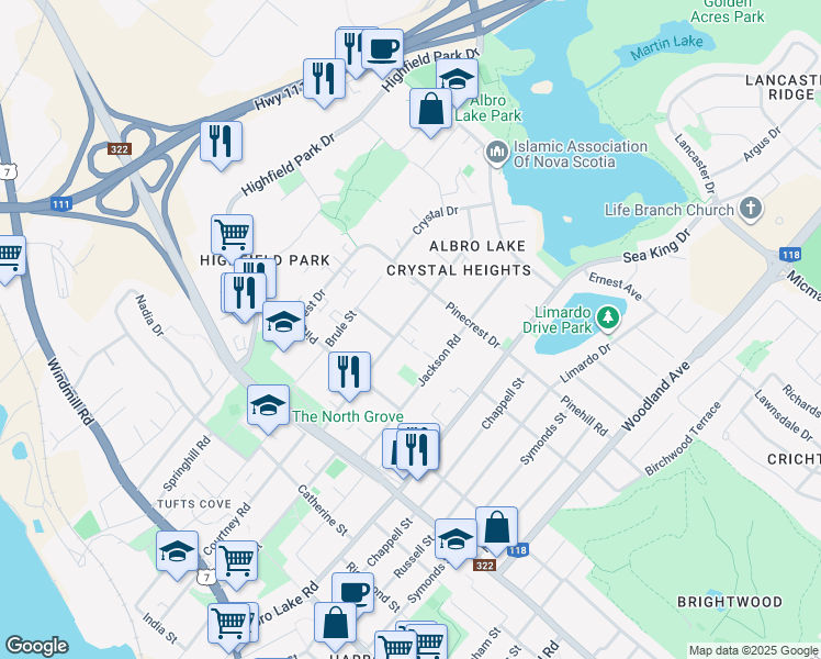 map of restaurants, bars, coffee shops, grocery stores, and more near 46 Primrose Street in Dartmouth