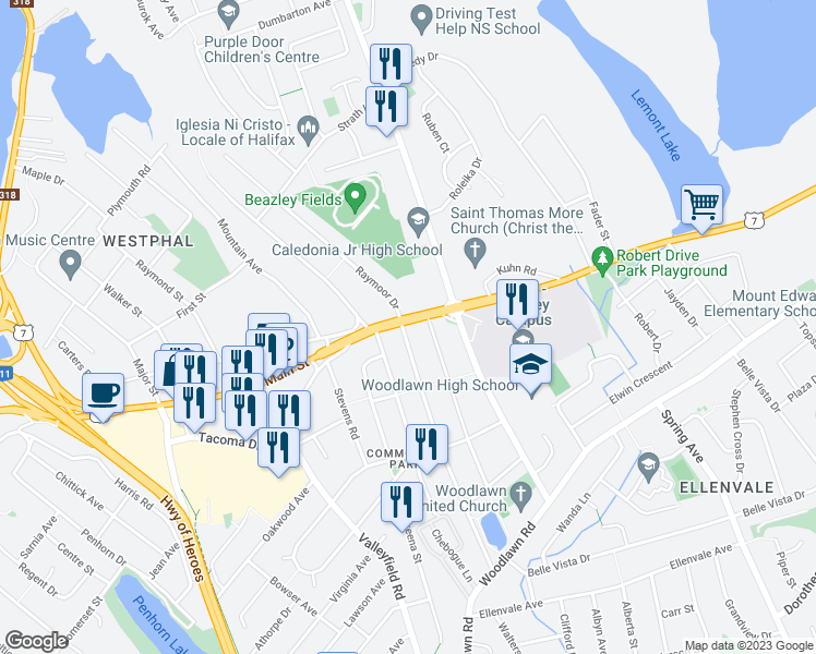map of restaurants, bars, coffee shops, grocery stores, and more near 214 Main Street in Dartmouth