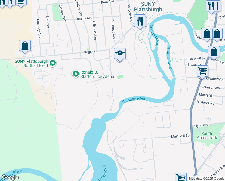 map of restaurants, bars, coffee shops, grocery stores, and more near 75 Adirondack Lane in Plattsburgh