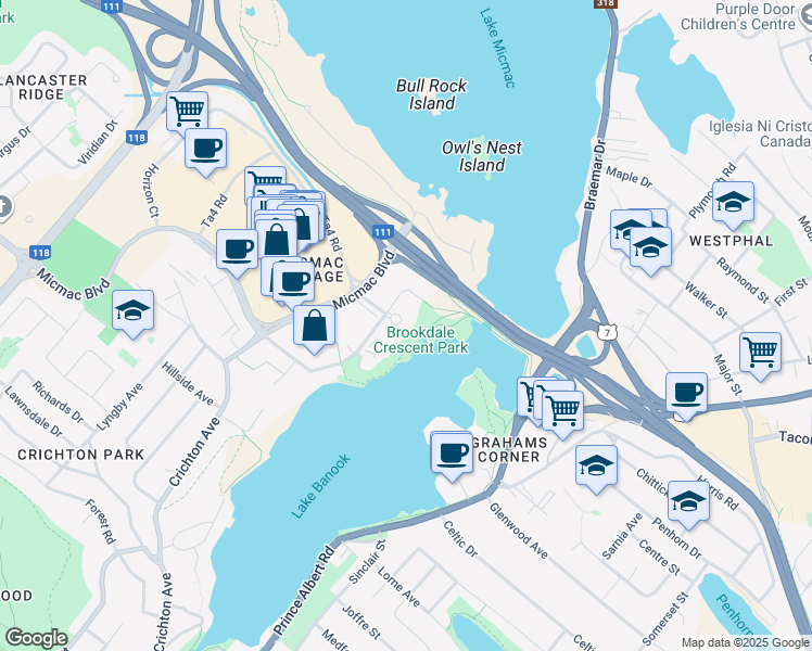 map of restaurants, bars, coffee shops, grocery stores, and more near 30 Brookdale Crescent in Dartmouth