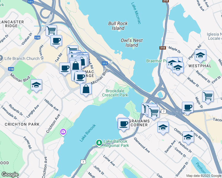 map of restaurants, bars, coffee shops, grocery stores, and more near 30 Brookdale Crescent in Dartmouth