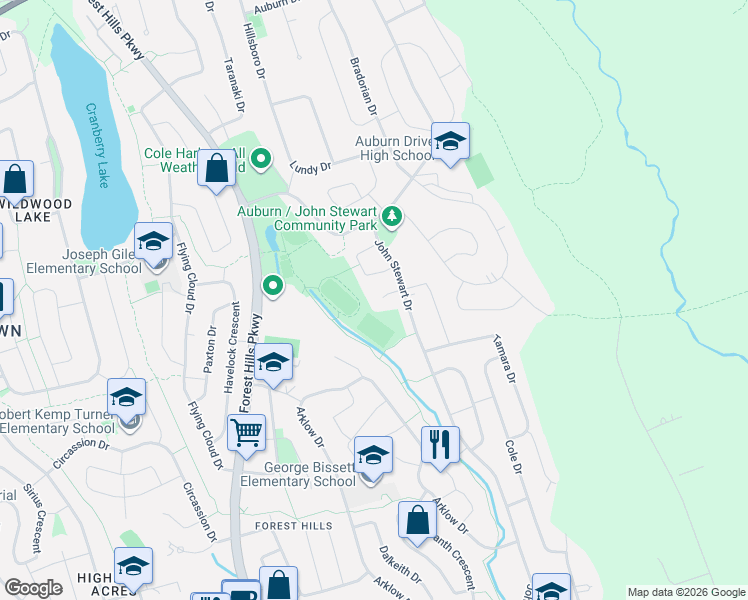 map of restaurants, bars, coffee shops, grocery stores, and more near 23 Roseway Court in Dartmouth