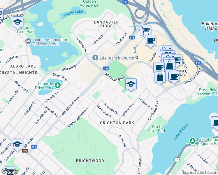 map of restaurants, bars, coffee shops, grocery stores, and more near 74 Kingston Crescent in Dartmouth