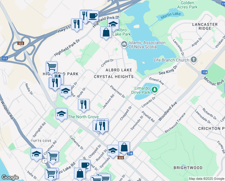 map of restaurants, bars, coffee shops, grocery stores, and more near 59 Pinecrest Drive in Dartmouth