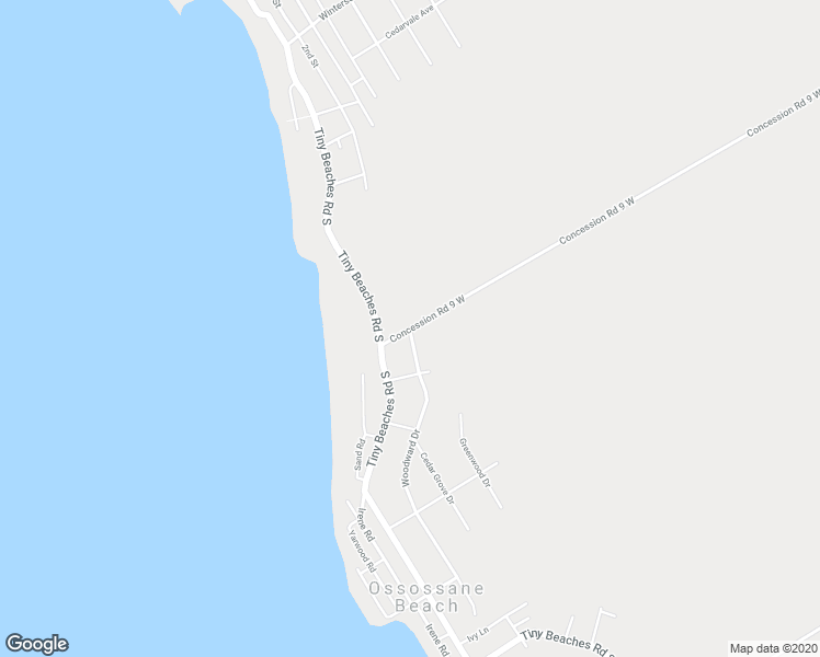 map of restaurants, bars, coffee shops, grocery stores, and more near Woodward Drive & Concession Road 9 West in Simcoe County