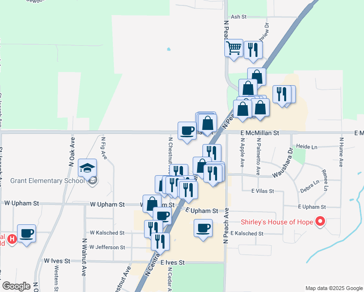 map of restaurants, bars, coffee shops, grocery stores, and more near 1708 North Central Avenue in Marshfield