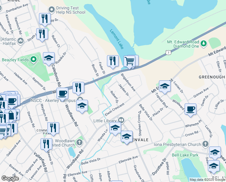 map of restaurants, bars, coffee shops, grocery stores, and more near 37 Robert Drive in Dartmouth
