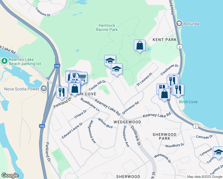 map of restaurants, bars, coffee shops, grocery stores, and more near 26 Castle Hill Drive in Halifax