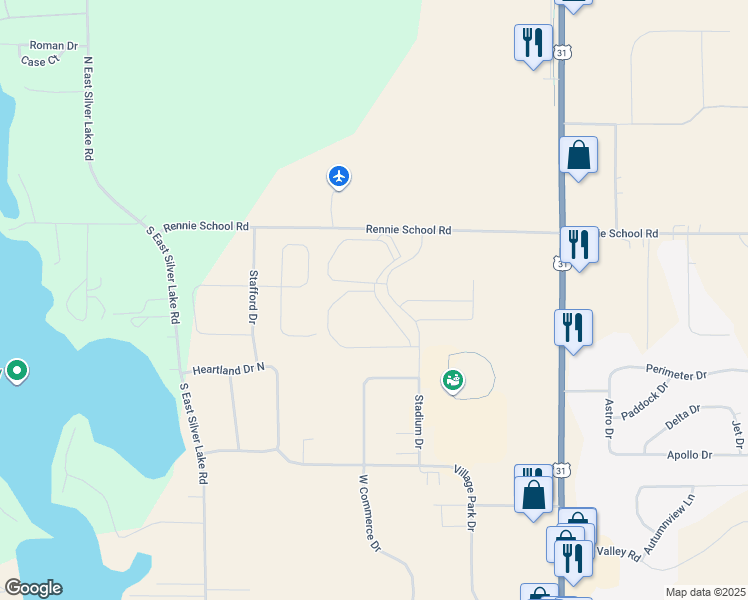 map of restaurants, bars, coffee shops, grocery stores, and more near 4095-4729 Rennie School Road in Traverse City