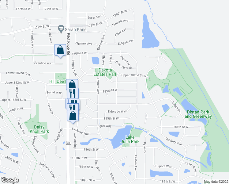 map of restaurants, bars, coffee shops, grocery stores, and more near 18295 Elkwood Avenue in Farmington