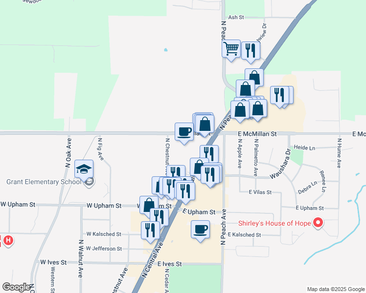 map of restaurants, bars, coffee shops, grocery stores, and more near 1708 North Central Avenue in Marshfield