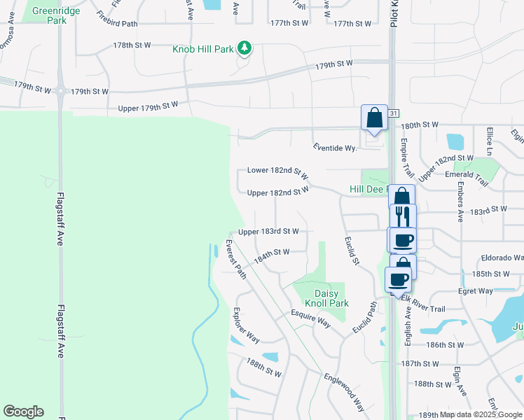 map of restaurants, bars, coffee shops, grocery stores, and more near 5900 Upper 182nd Street West in Farmington