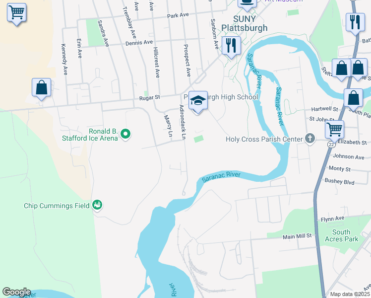map of restaurants, bars, coffee shops, grocery stores, and more near 75 Adirondack Lane in Plattsburgh