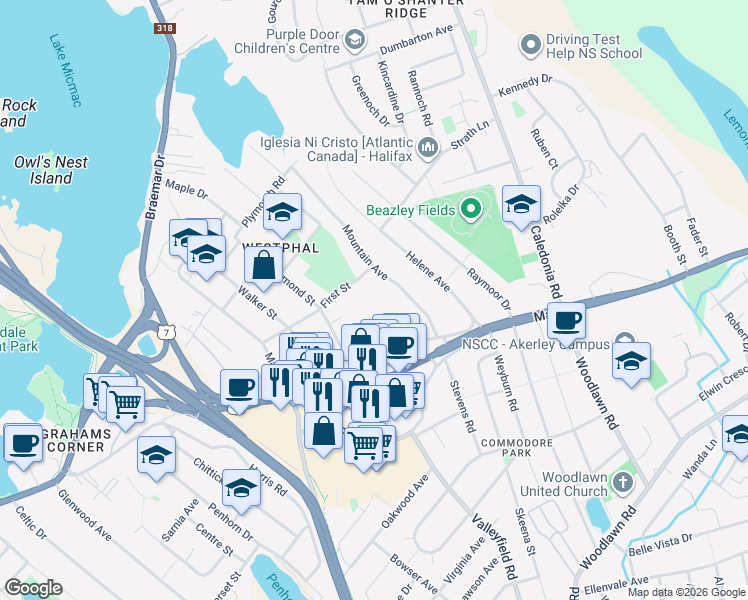 map of restaurants, bars, coffee shops, grocery stores, and more near 79 Lakecrest Drive in Dartmouth