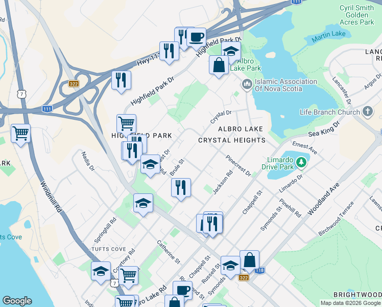 map of restaurants, bars, coffee shops, grocery stores, and more near 36 Brule Street in Dartmouth