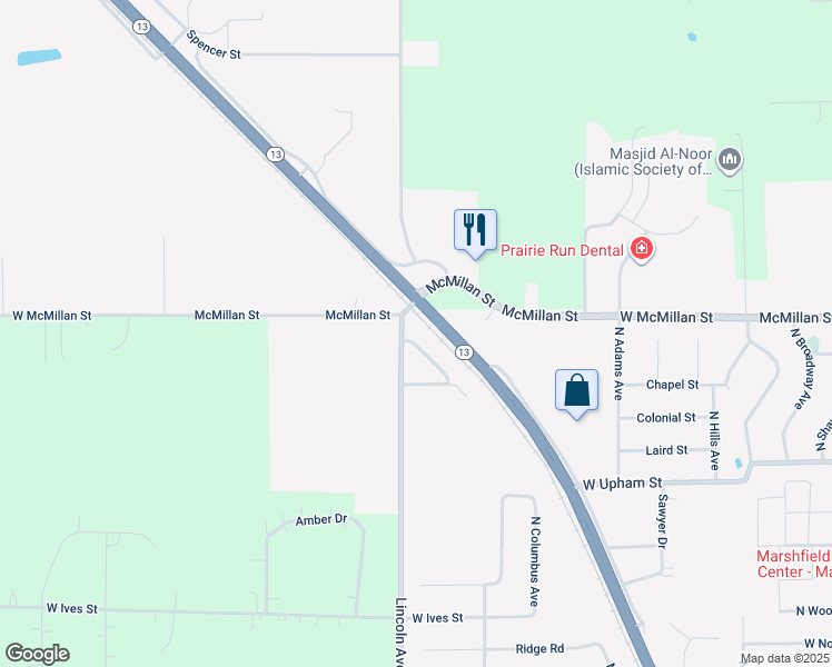 map of restaurants, bars, coffee shops, grocery stores, and more near 1423 North Lincoln Avenue in Marshfield