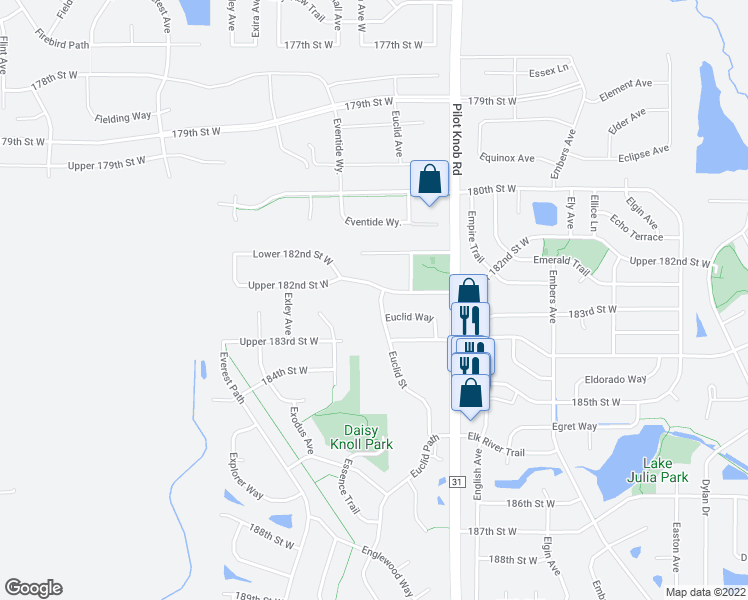 map of restaurants, bars, coffee shops, grocery stores, and more near 18259 Euclid Street in Farmington