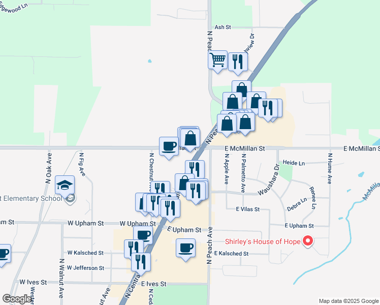 map of restaurants, bars, coffee shops, grocery stores, and more near 1722 North Central Avenue in Marshfield