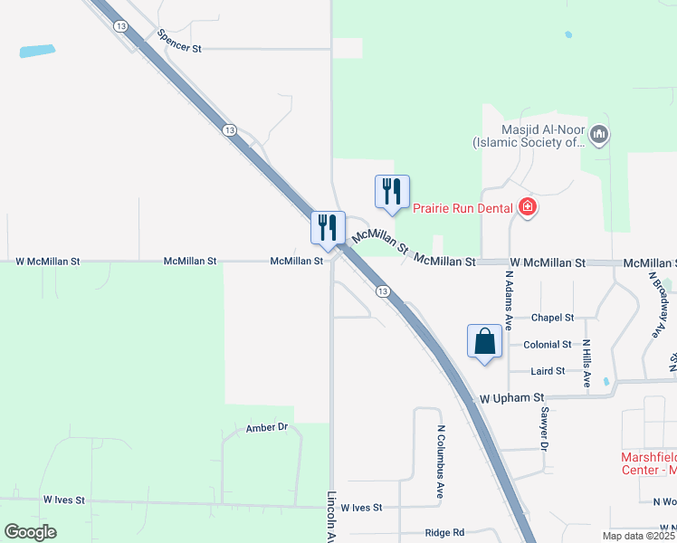 map of restaurants, bars, coffee shops, grocery stores, and more near 1423 North Lincoln Avenue in Marshfield