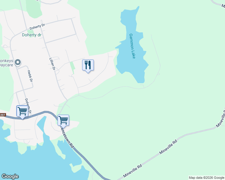 map of restaurants, bars, coffee shops, grocery stores, and more near Gammon Lake Drive in Lawrencetown
