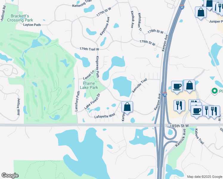 map of restaurants, bars, coffee shops, grocery stores, and more near 18266 Kingsway Path in Lakeville