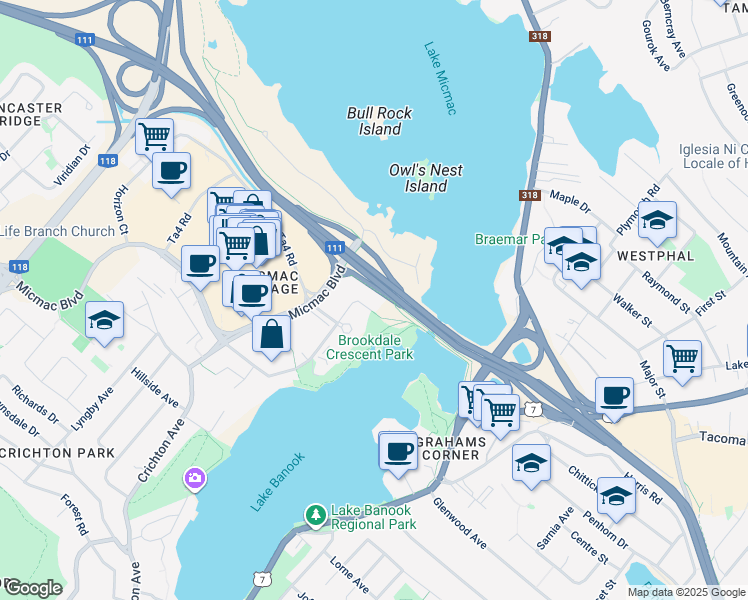 map of restaurants, bars, coffee shops, grocery stores, and more near 11 Brookdale Court in Dartmouth