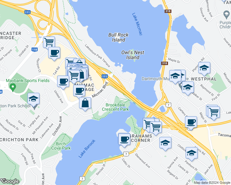 map of restaurants, bars, coffee shops, grocery stores, and more near 11 Brookdale Court in Dartmouth
