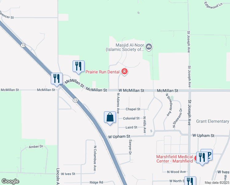 map of restaurants, bars, coffee shops, grocery stores, and more near 1100 West McMillan Street in Marshfield