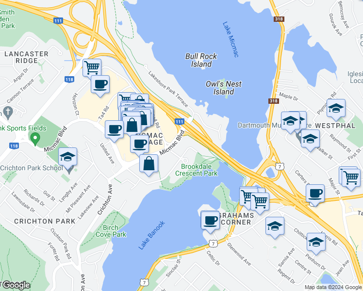 map of restaurants, bars, coffee shops, grocery stores, and more near 1 Brookdale Court in Dartmouth