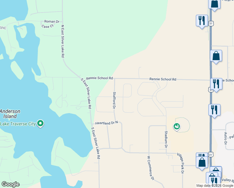 map of restaurants, bars, coffee shops, grocery stores, and more near 4582 La Marche Circle in Traverse City