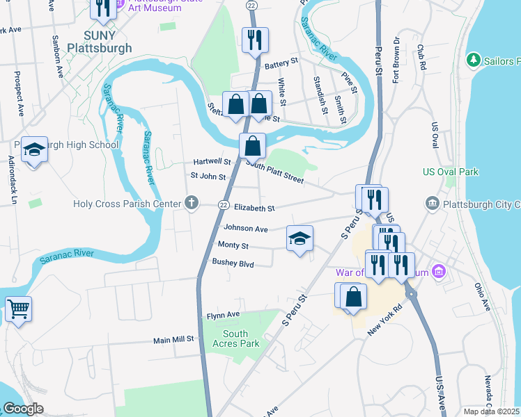 map of restaurants, bars, coffee shops, grocery stores, and more near Elizabeth Street & Sherman Street in Plattsburgh