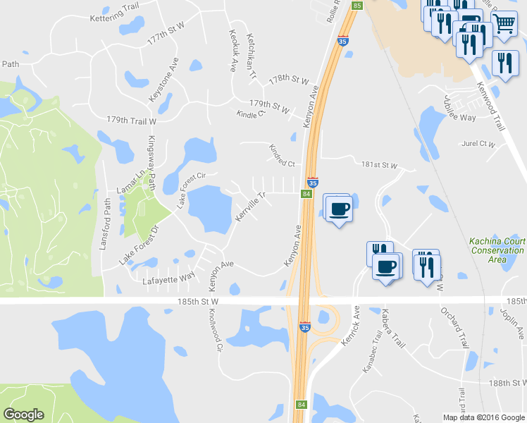 map of restaurants, bars, coffee shops, grocery stores, and more near 18320 Kerrville Trail in Lakeville