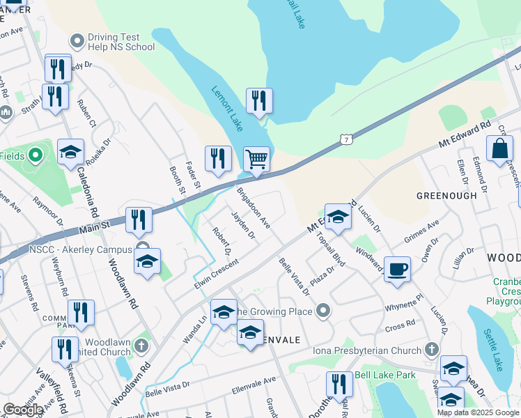 map of restaurants, bars, coffee shops, grocery stores, and more near 16 Brigadoon Avenue in Dartmouth