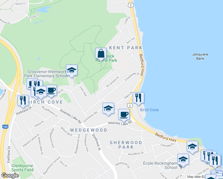 map of restaurants, bars, coffee shops, grocery stores, and more near 173 Cresthaven Drive in Halifax
