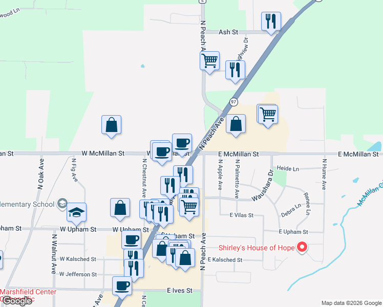 map of restaurants, bars, coffee shops, grocery stores, and more near 1735 North Central Avenue in Marshfield
