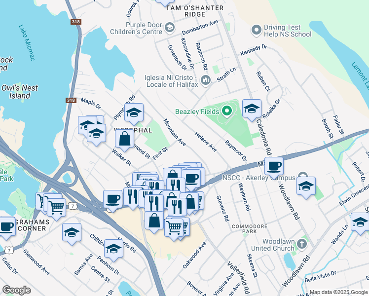 map of restaurants, bars, coffee shops, grocery stores, and more near 30 Mountain Avenue in Dartmouth