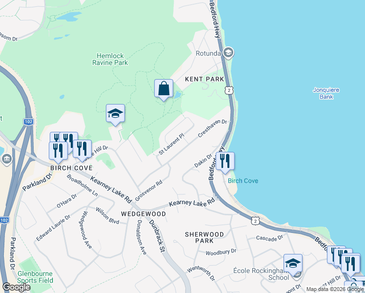 map of restaurants, bars, coffee shops, grocery stores, and more near 173 Cresthaven Drive in Halifax
