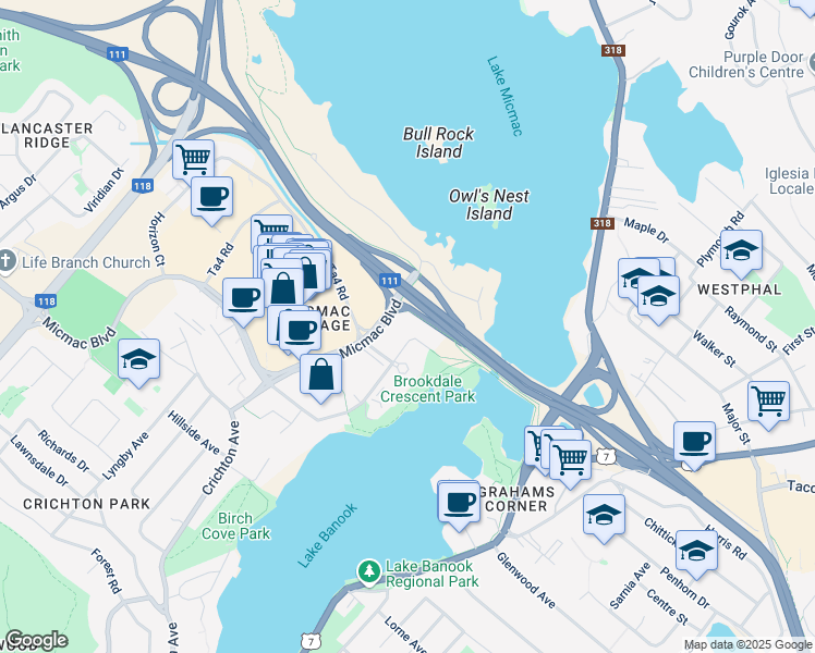 map of restaurants, bars, coffee shops, grocery stores, and more near 1 Brookdale Court in Dartmouth