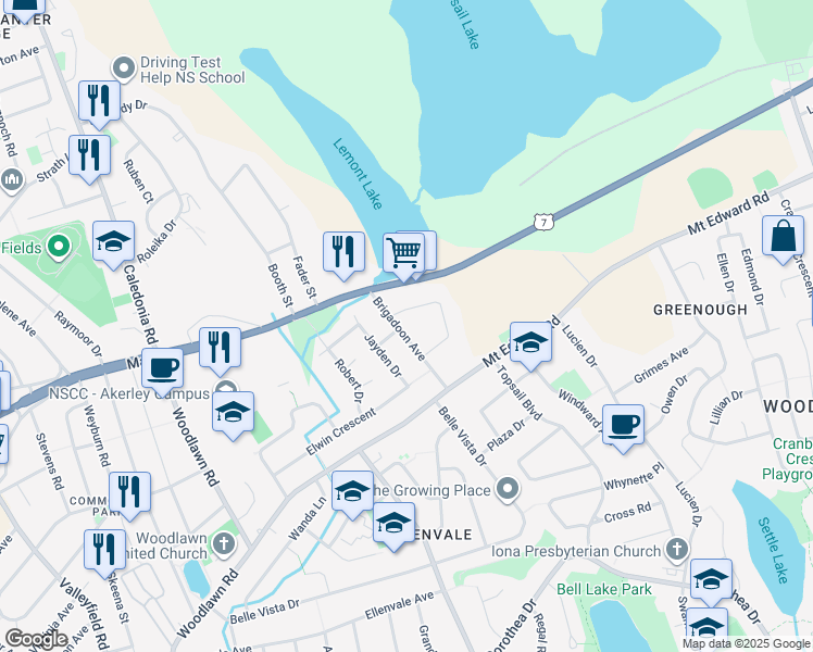 map of restaurants, bars, coffee shops, grocery stores, and more near 16 Brigadoon Avenue in Dartmouth