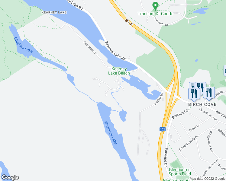 map of restaurants, bars, coffee shops, grocery stores, and more near 36 Hamshaw Drive in Halifax