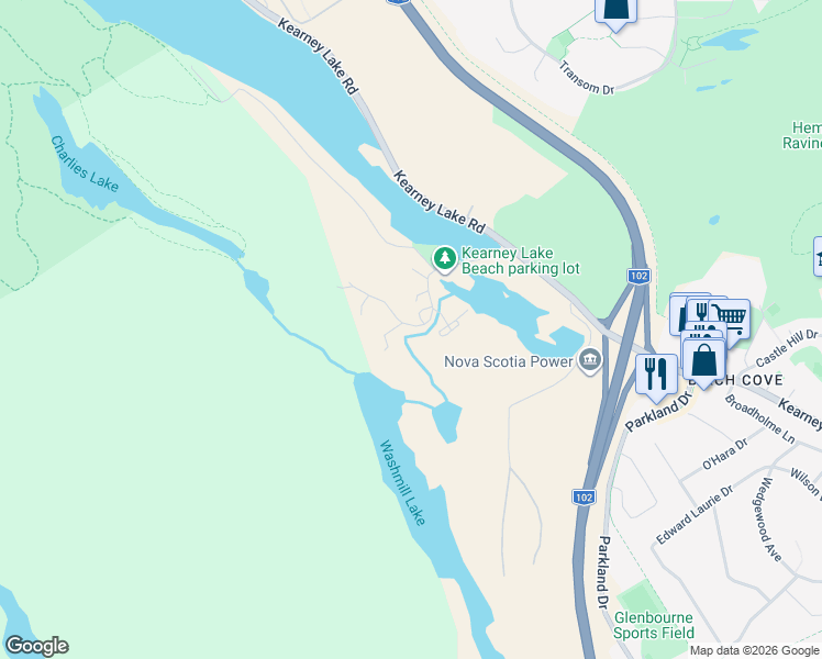 map of restaurants, bars, coffee shops, grocery stores, and more near 36 Hamshaw Drive in Halifax
