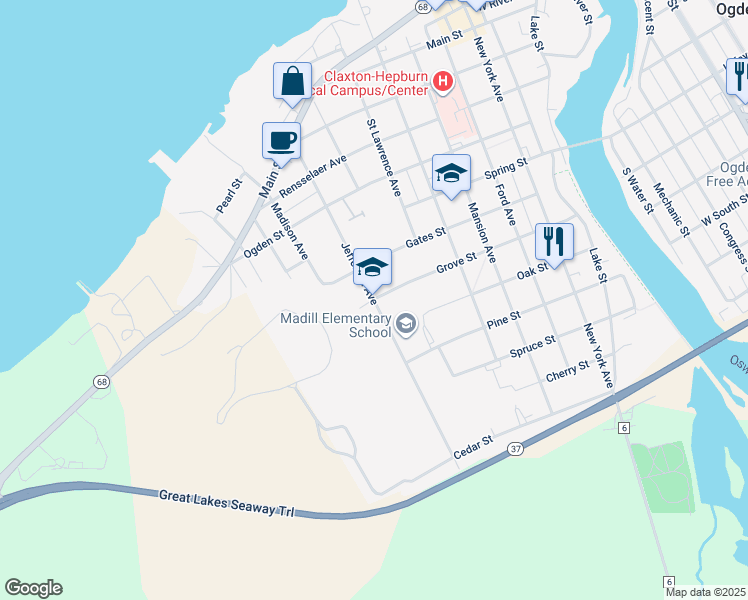 map of restaurants, bars, coffee shops, grocery stores, and more near 800 Jefferson Avenue in Ogdensburg