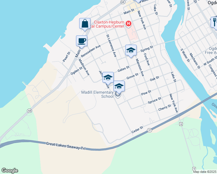map of restaurants, bars, coffee shops, grocery stores, and more near 800 Jefferson Avenue in Ogdensburg