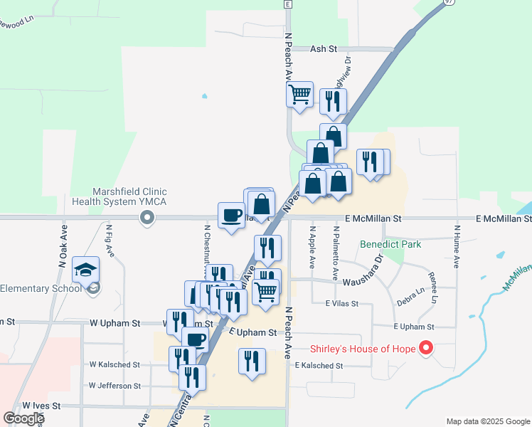 map of restaurants, bars, coffee shops, grocery stores, and more near 1722 North Central Avenue in Marshfield