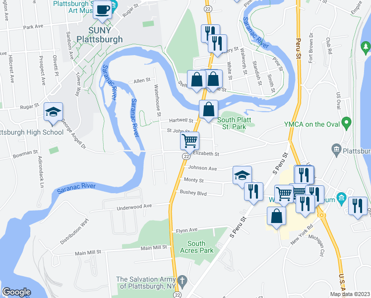 map of restaurants, bars, coffee shops, grocery stores, and more near 4937 South Catherine Street in Plattsburgh