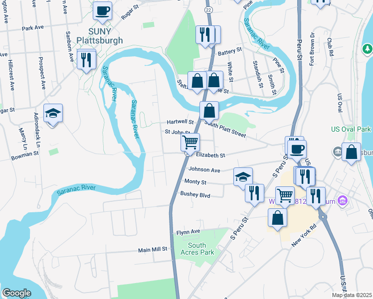 map of restaurants, bars, coffee shops, grocery stores, and more near in Plattsburgh